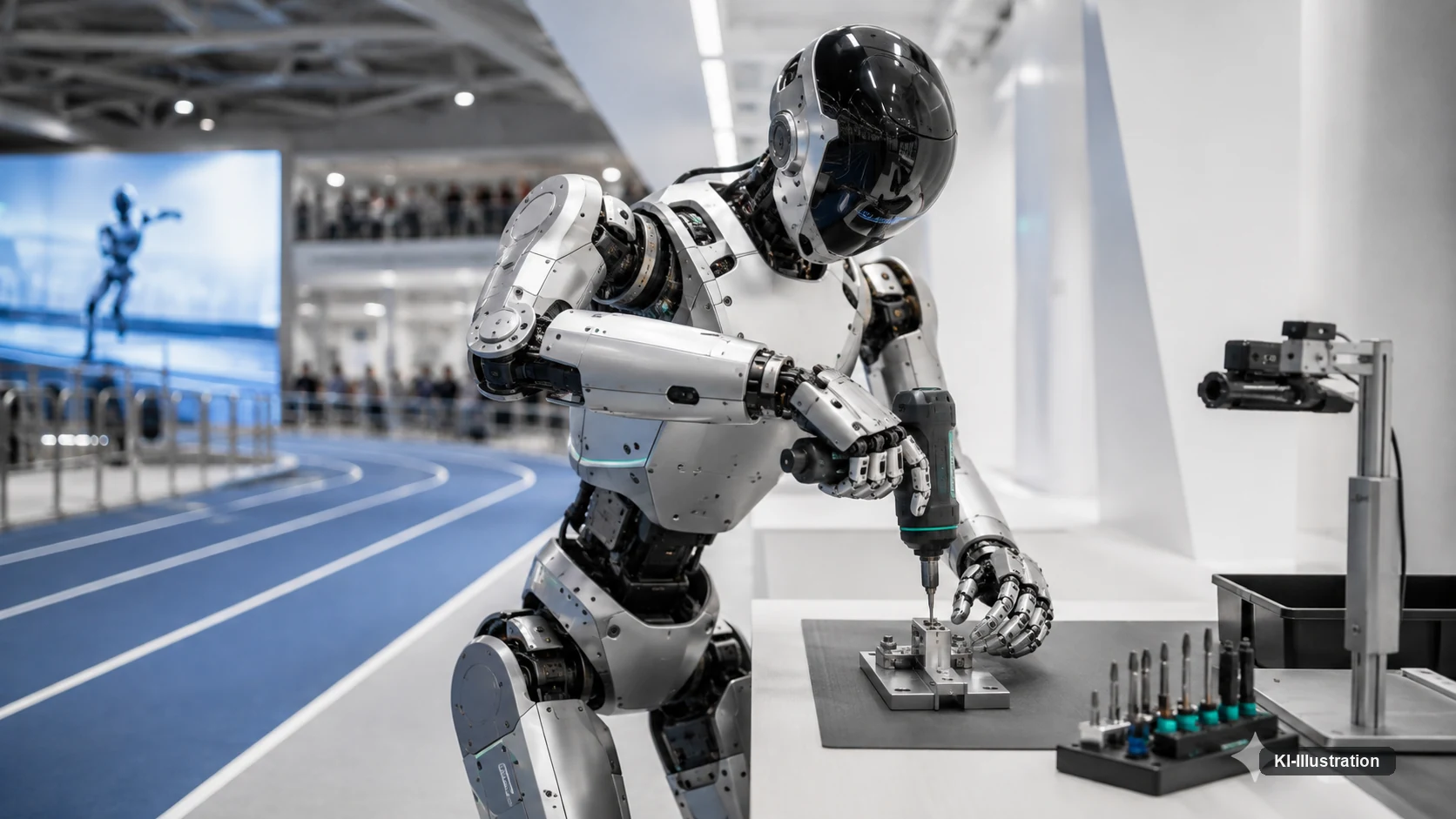 Humanoider Roboter setzt an einer Werkbank einen Akkuschrauber an ein Werkstück an; im Hintergrund unscharf eine blaue Laufbahn.