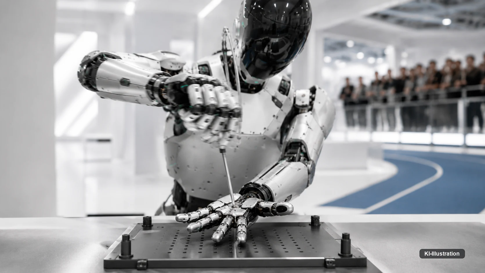 Roboterhand liegt flach auf einer perforierten Metallplatte, eine zweite Roboterhand führt eine Klingenspitze zwischen die gespreizten Finger.