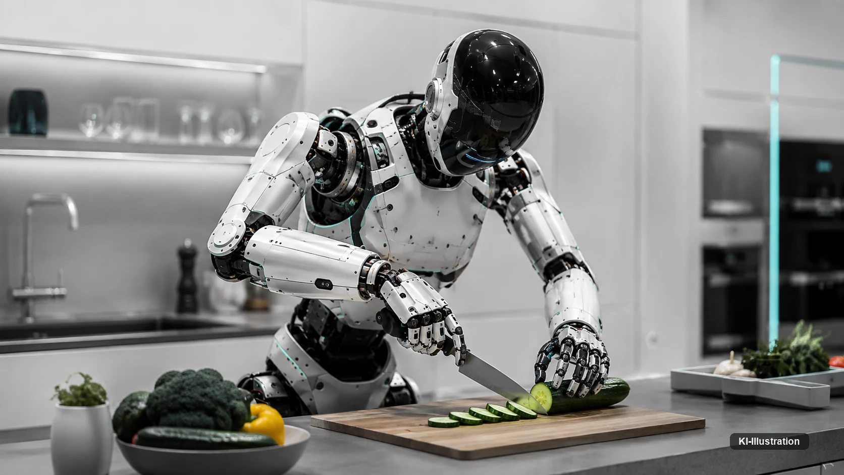 Humanoider Roboter steht an einer Küchenzeile und schneidet mit einem Messer eine Gurke auf einem Holzbrett in Scheiben.