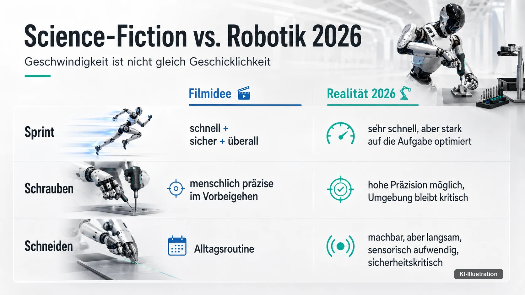 Schaubild mit drei Zeilen zu Sprint, Schrauben und Schneiden, jeweils gegenübergestellt als Filmidee und als Stand 2026.