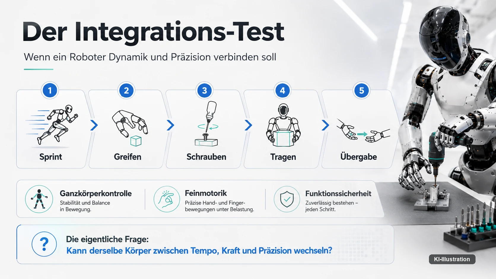 Schaubild mit fünf nummerierten Schritten von Sprint über Greifen, Schrauben und Tragen bis zur Übergabe, darunter drei Kacheln zu Ganzkörperkontrolle, Feinmotorik und Funktionssicherheit.