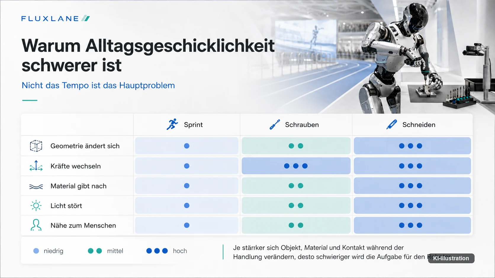 Tabellarisches Schaubild, das für Sprint, Schrauben und Schneiden abstuft, wie stark sich Geometrie, Kräfte, Material, Licht und Menschennähe während der Aufgabe auswirken.