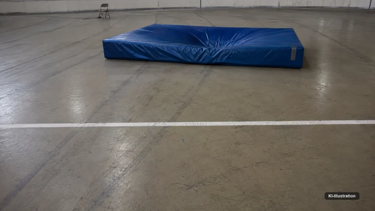 In einer leeren Halle liegt mehrere Meter hinter einer weißen Ziellinie eine schwere Turnmatte mit einer tiefen Vertiefung. Auf dem Boden kreuzen sich zwei verschiedene Markierungssysteme.
