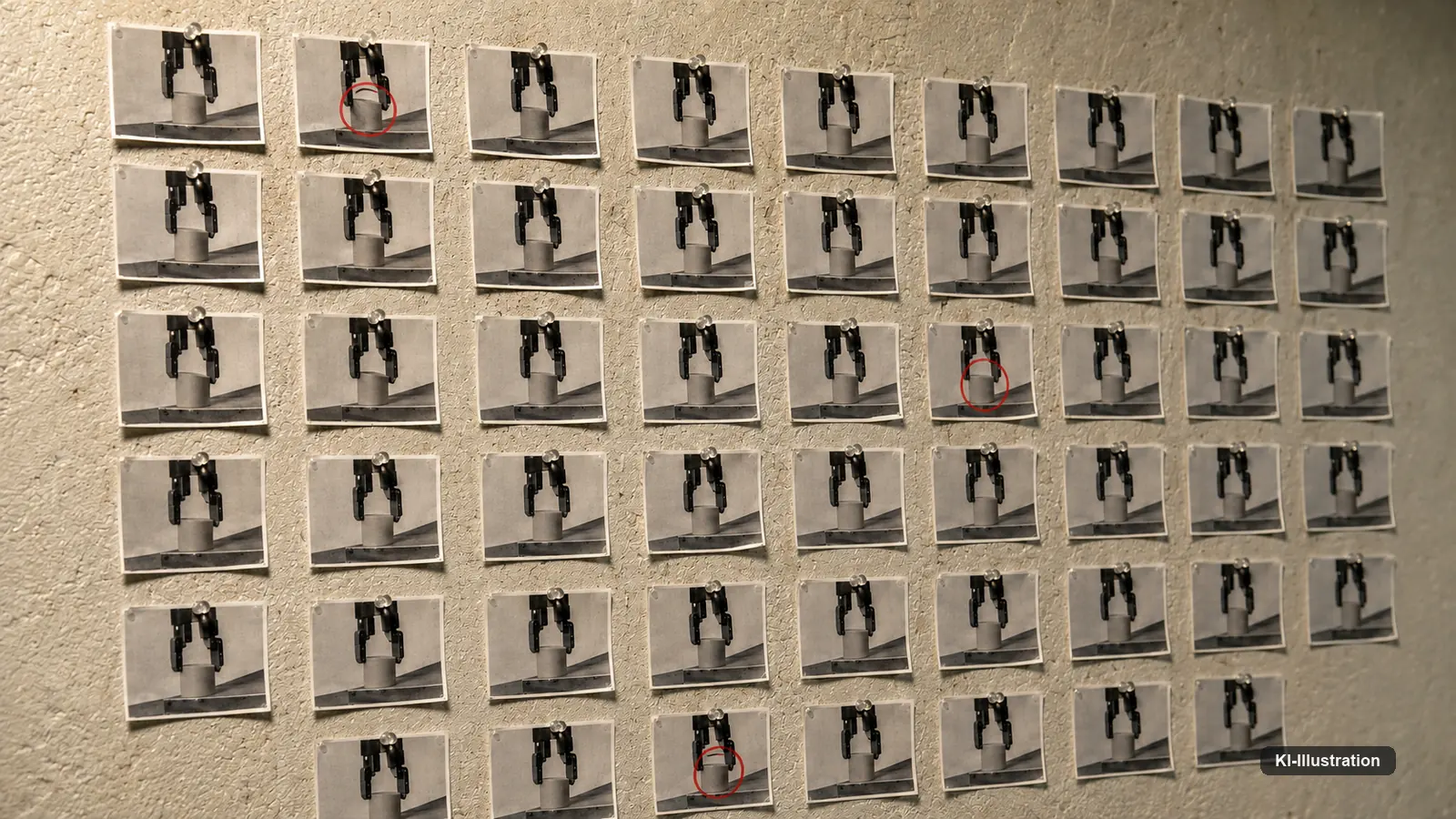 An einer Werkstattwand hängen rund fünfzig fast identische Papierabzüge in sechs Reihen, alle mit derselben Robotorhand über einem kippenden Gegenstand. Drei davon tragen einen mit Fettstift gezogenen Kreis.