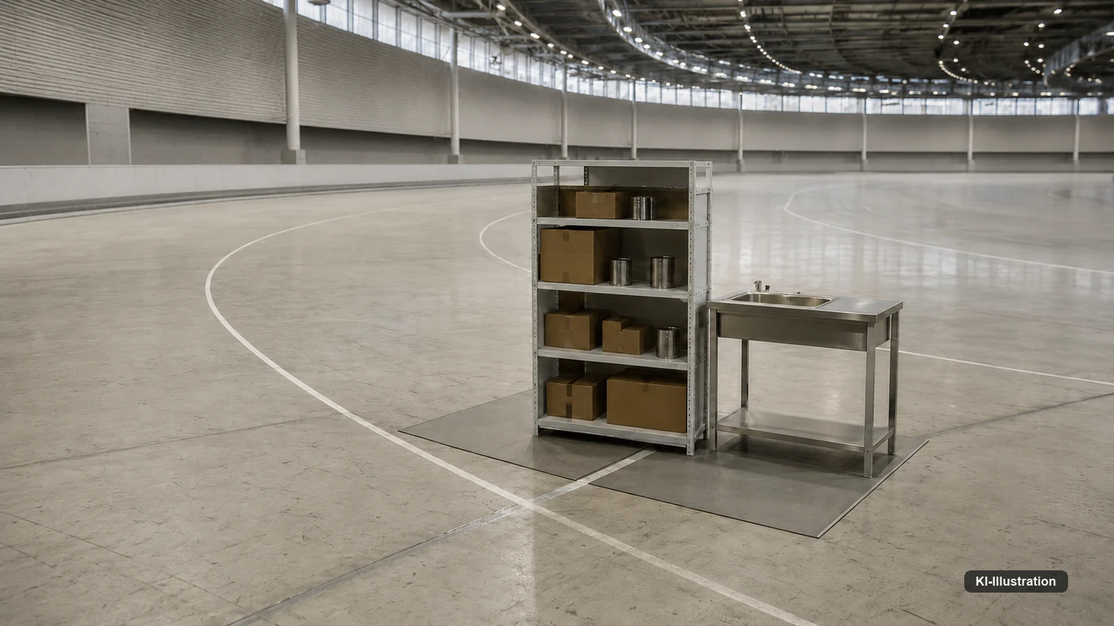 In einer großen leeren Halle steht ein einzelnes Ladenregal mit neutralen Kartons quer auf geschwungenen Bahnmarkierungen, daneben eine freistehende Küchenarbeitsplatte auf provisorisch ausgelegten Bodenplatten.