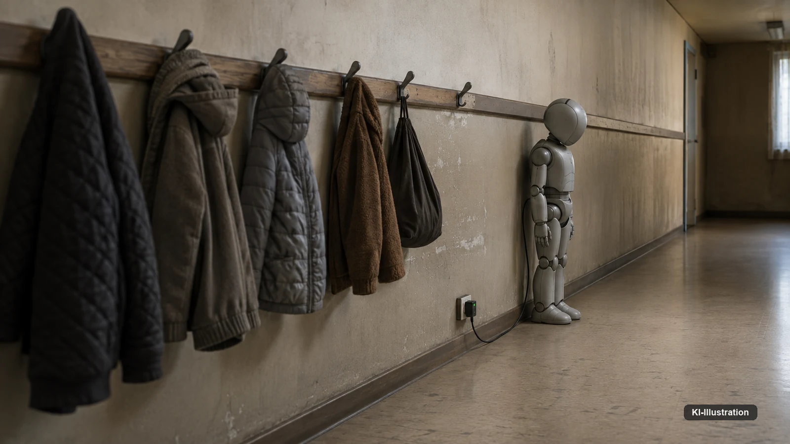 In einem leeren Schulflur steht am Ende einer Reihe niedriger Kleiderhaken mit Kinderjacken ein ausgeschalteter humanoider Roboter, dessen Ladekabel an der Fußleiste zu einer Steckdose führt.