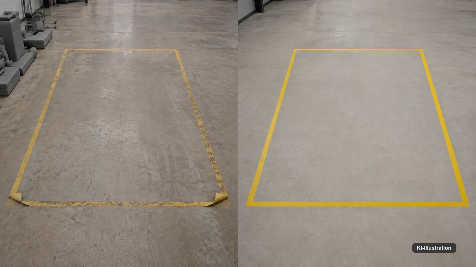 Eine zweigeteilte Aufnahme zeigt zweimal dasselbe gelb abgeklebte Rechteck auf dem Boden: links auf benutztem Hallenboden mit abgelösten Klebebandecken, rechts auf frisch gefegtem Estrich.