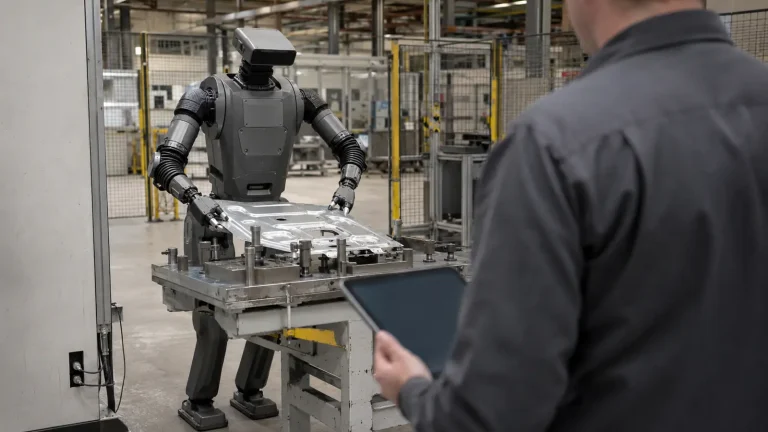 Humanoider Roboter hält an einer Vorrichtung in einer Fabrikhalle ein Blechteil, im Vordergrund beobachtet eine Person in Arbeitskleidung den Arbeitsschritt.