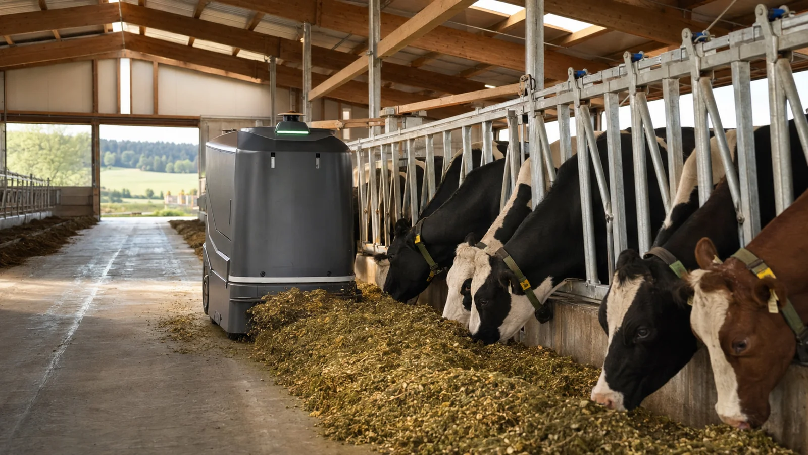 Generischer Fütterungsroboter verteilt frisches Futter am Fressgitter, Kühe fressen daneben im warmen Stall