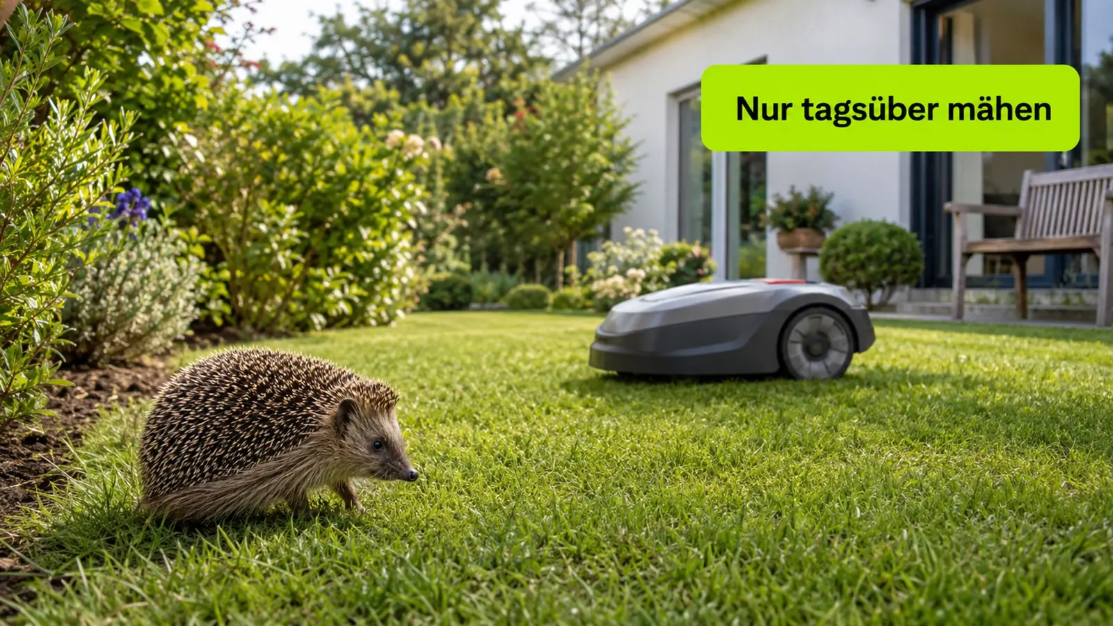 Mähroboter bei Tag mit einem Igel in sicherem Abstand, Hinweis nur tagsüber mähen