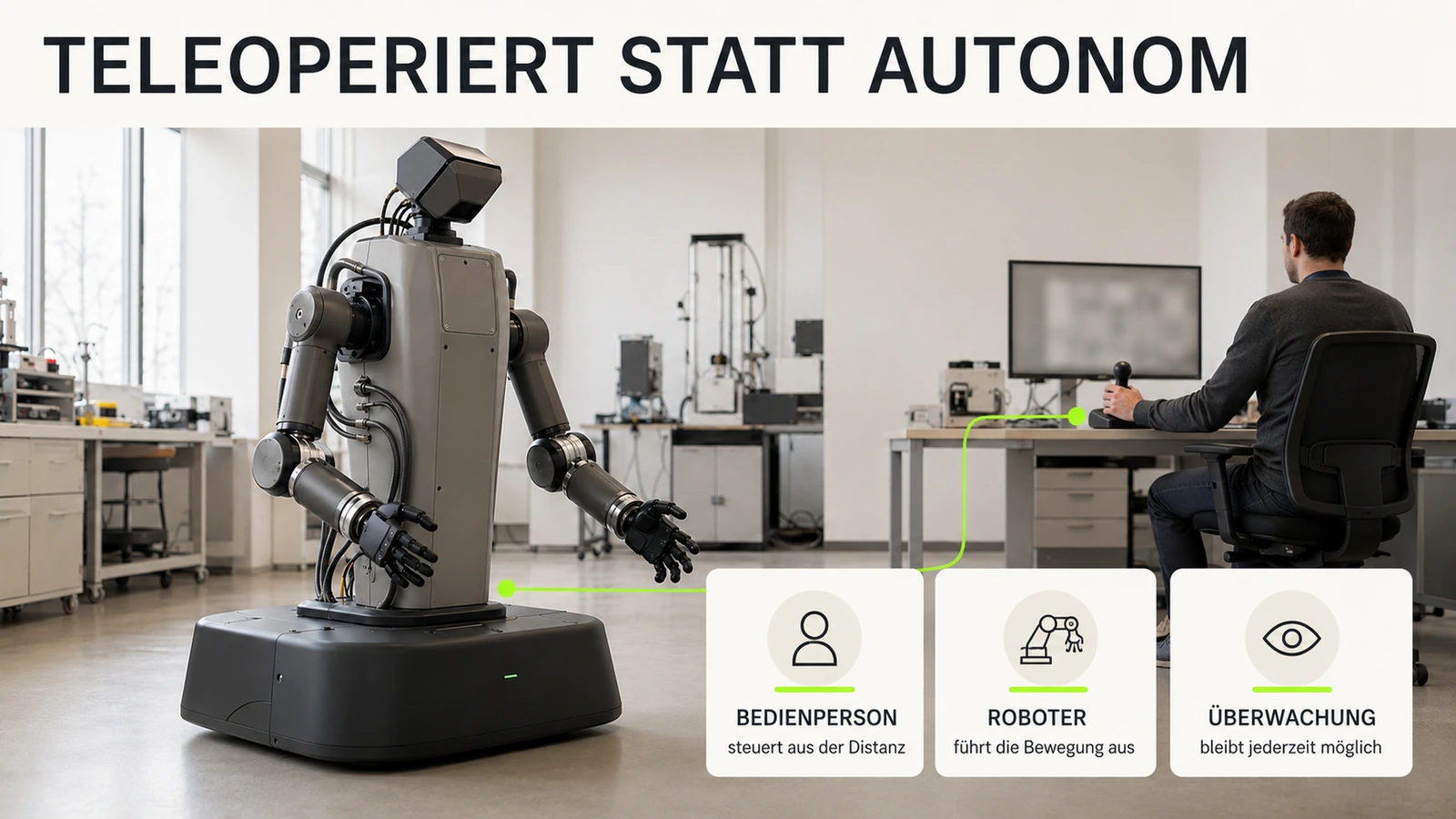 Im Hintergrund steuert eine Person die Steuerstation, vorn der GARMI-Prototyp, Teleoperation