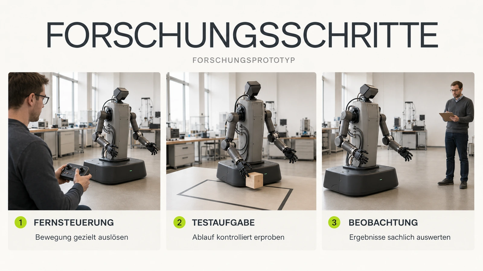 GARMI-artiger Prototyp reicht ein Objekt, während Forschende die Assistenzgeste beobachten