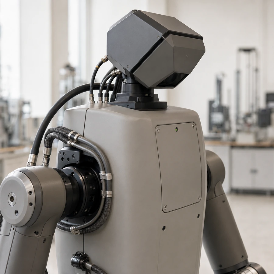 Close-up des Roboterkopfs mit Sensorik und sichtbaren Kabeln im Laborlicht