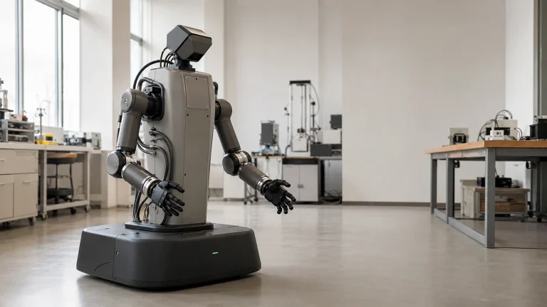 Zweiarmiger Forschungs-Assistenzroboter im Stil von GARMI in einem Universitätslabor, kühles Licht