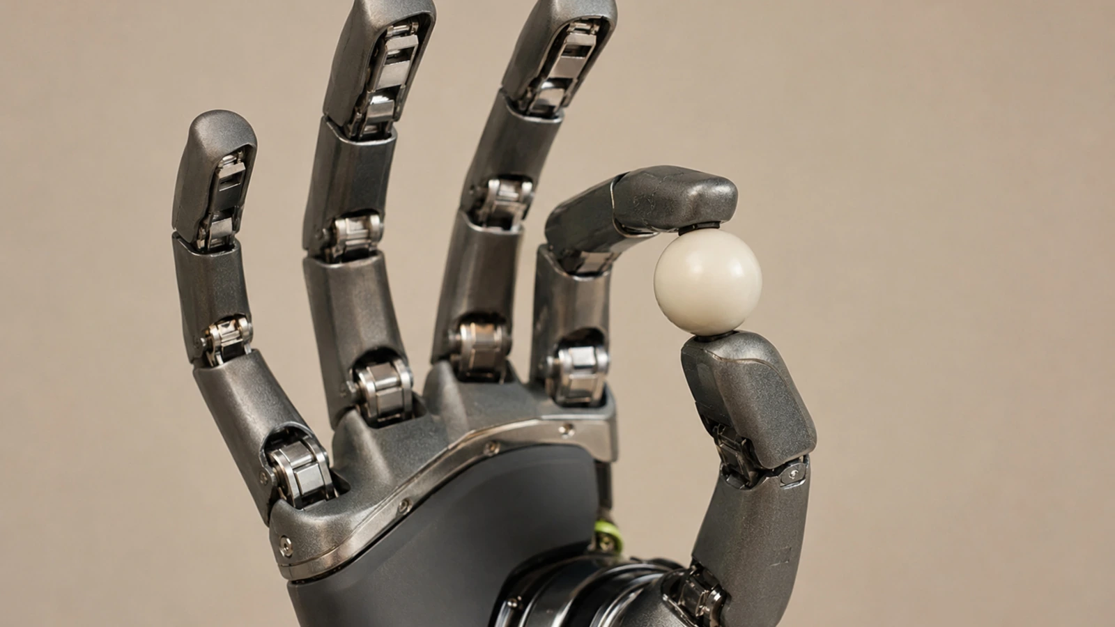 Nahaufnahme einer geschickten Roboterhand mit fünf Fingern, die ein kleines Objekt präzise hält