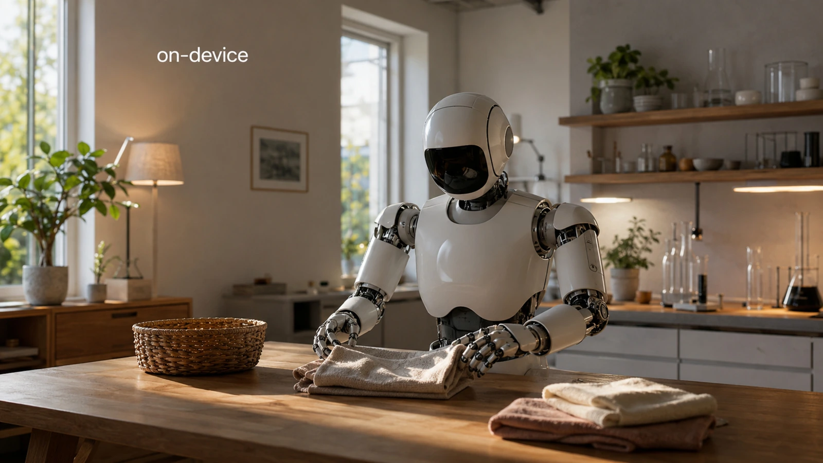 Generischer Roboter arbeitet allein in einem Wohnraum ganz ohne Bildschirme als Bild für den lokalen Betrieb
