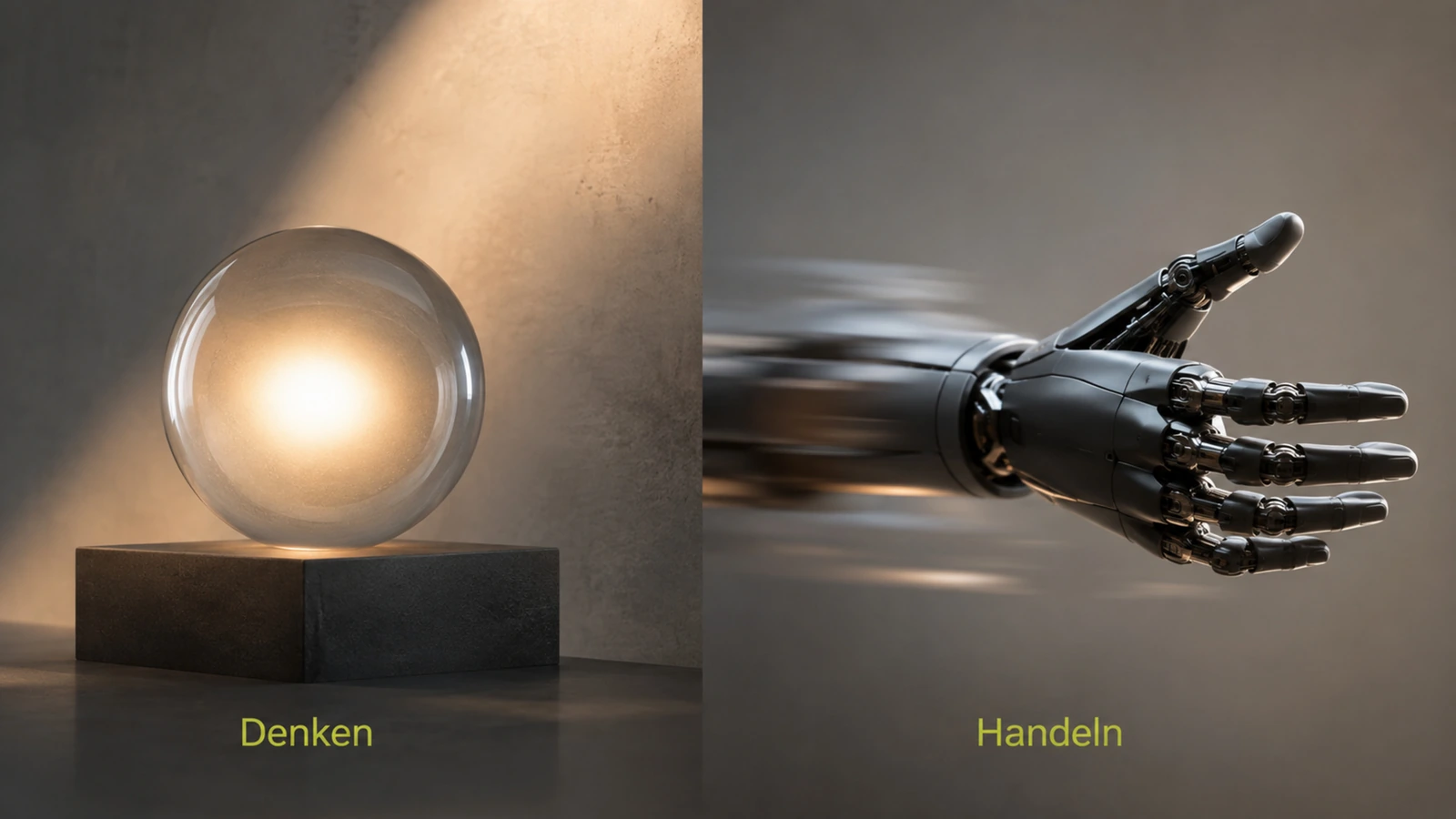 Abstrakt geteiltes Bild aus warmem Licht-Kern und bewegter Hand für Denken und Handeln im selben System