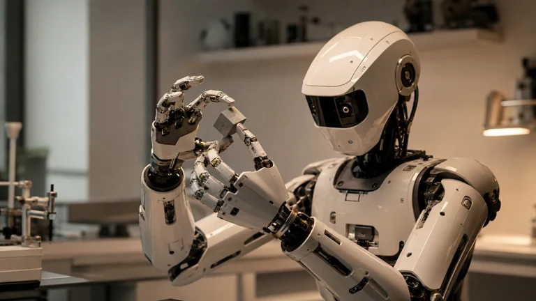 Generischer Humanoid dreht vorsichtig ein kleines Objekt und zeigt die Fingerfertigkeit hinter Gemini Robotics