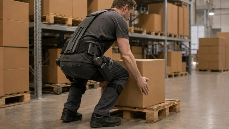 Lagerarbeiter mit aktivem Ruecken-Exoskelett beim Heben einer Kiste