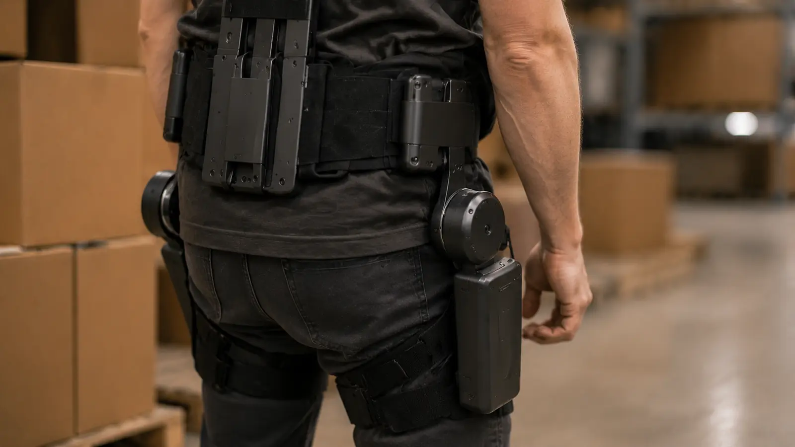 Nahaufnahme der motorisierten Rückeneinheit eines aktiven Exoskeletts mit Hüft-Akku