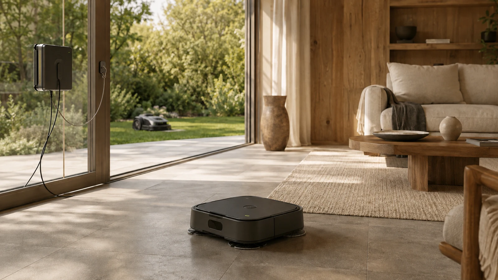 Mehrere Haushaltsroboter in einem hellen Zuhause: Saugroboter am Boden, Fensterroboter am Glas