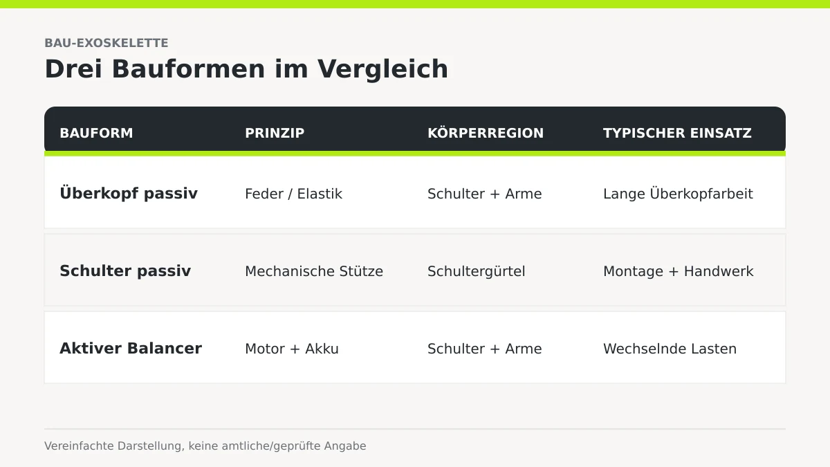 Vergleichs-Schema mit drei Bau-Exoskelett-Bauformen: Überkopf passiv, Schulter passiv, aktiver Balancer.