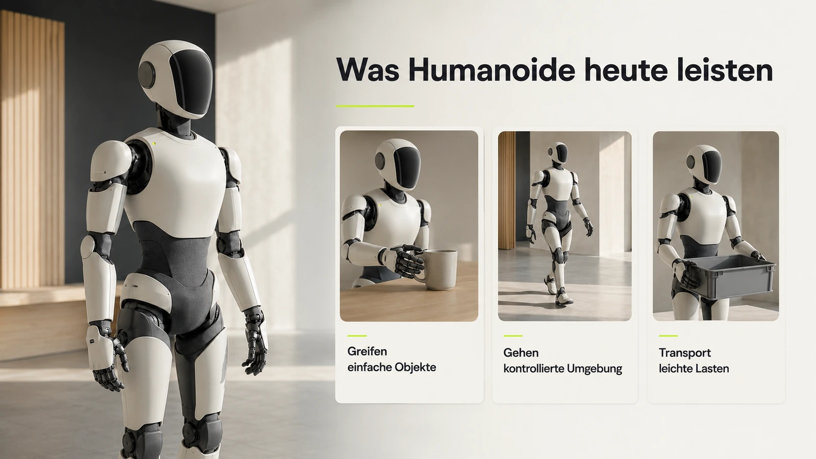 Humanoider Roboter greift etwas unsicher nach einem Glas auf dem Tisch, Alltag ist noch nicht perfekt