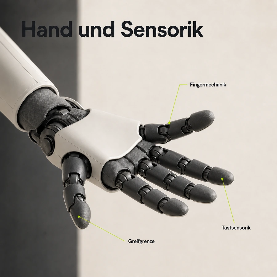 Technisches Close-up einer Roboterhand mit Fingermechanik aus Graphit und Metall, feiner Lime-Akzent