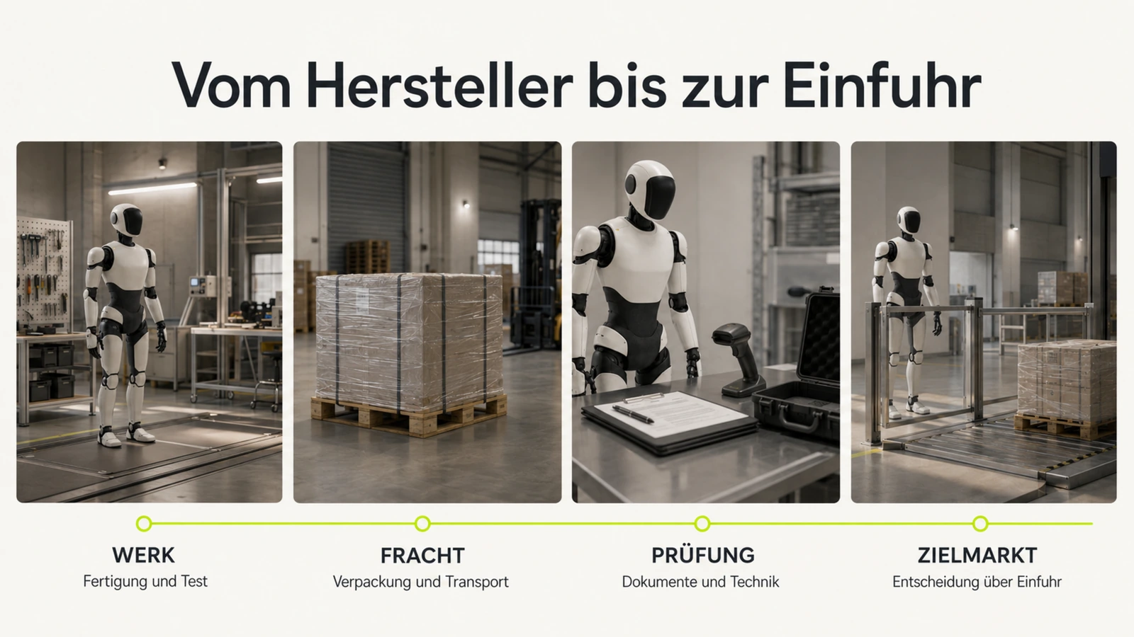 Generischer Roboter zwischen Fracht und Containern in einer Halle, Andeutung von Handel und Logistik