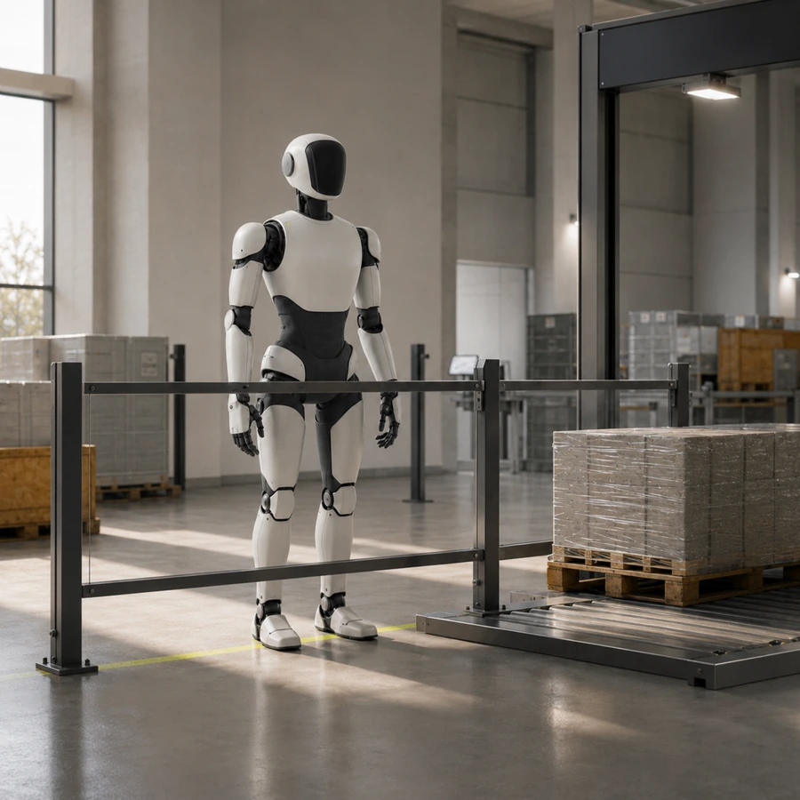 Close-up einer innehaltenden Roboterhand als Sinnbild für Stillstand und Blockade