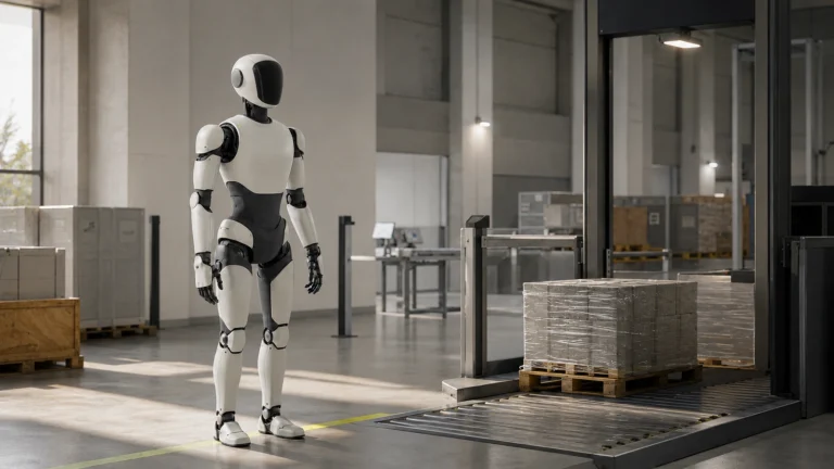 Humanoider Roboter im Halbschatten mit warmem und kühlem Seitenlicht, Sinnbild für den Handelskonflikt