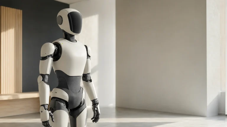 Generischer humanoider Roboter steht ruhig in einem hellen Studio, Lime-Reflex am Schultergelenk