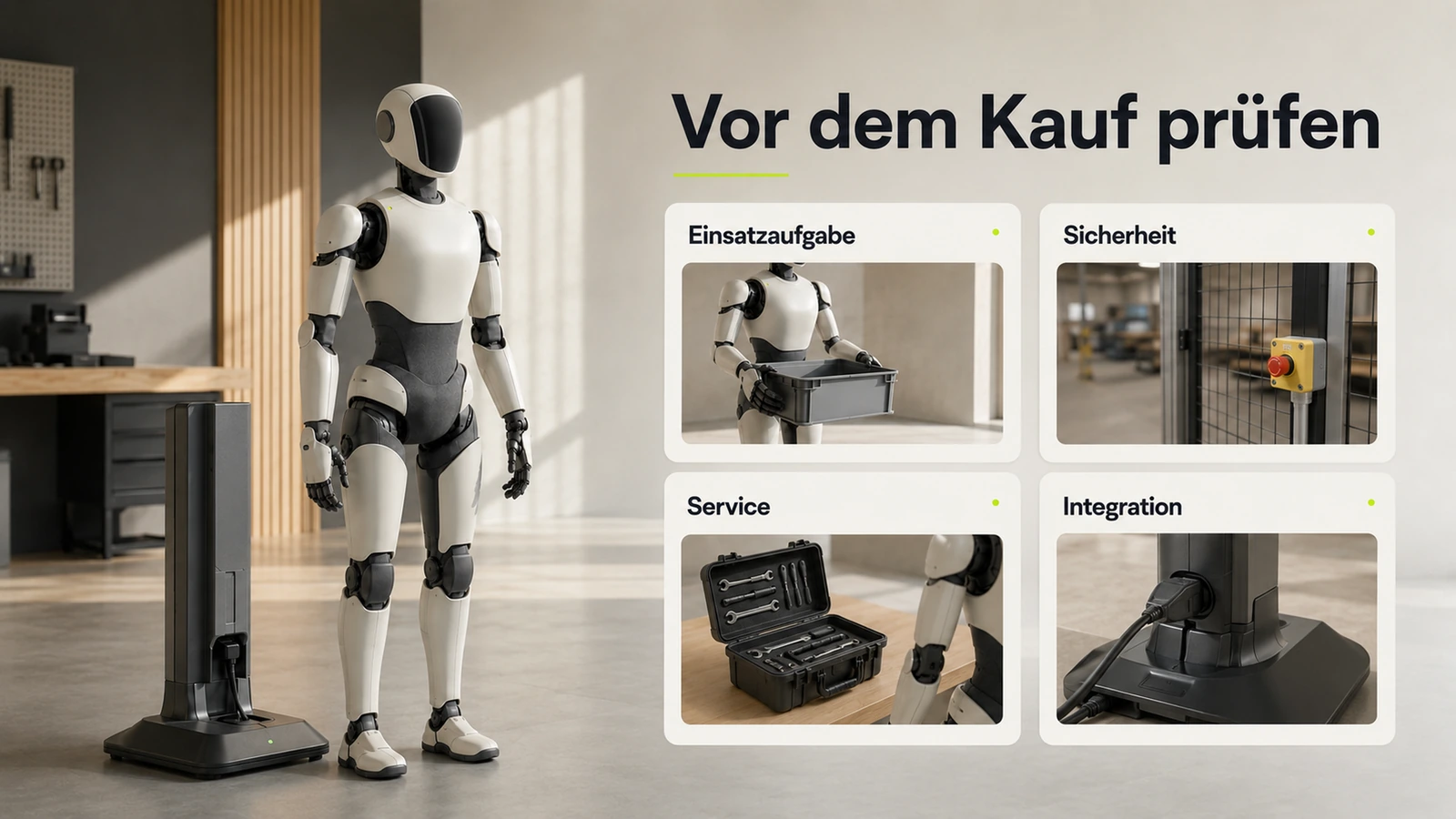 Humanoider Roboter steht aufrecht neben Palette und Umzugskartons, Verfügbarkeit und Logistik