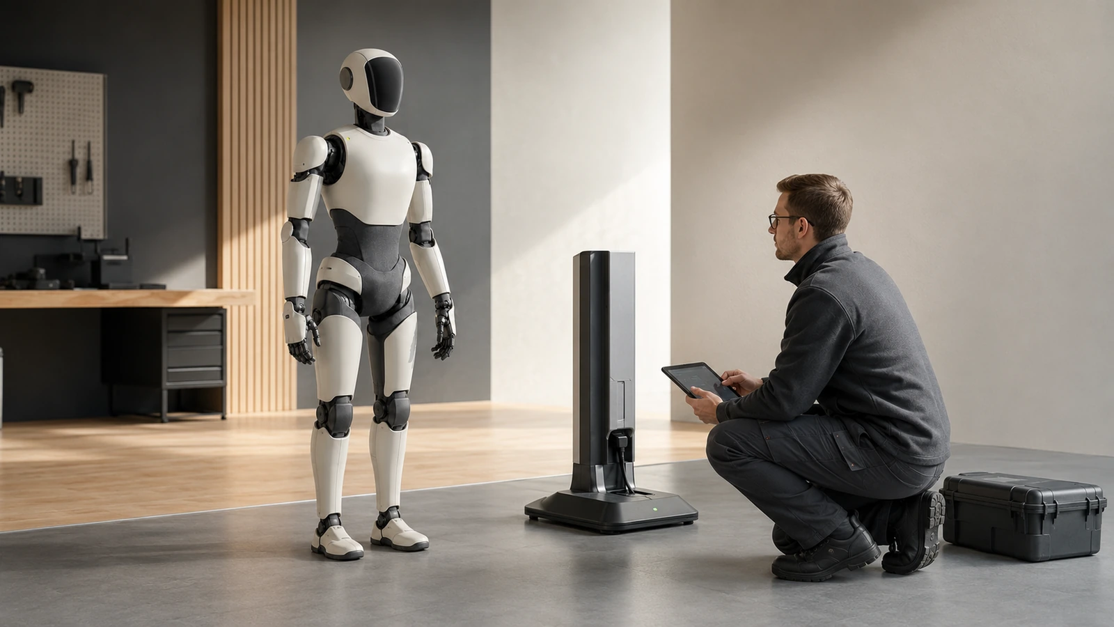 Humanoider Roboter neben einer geöffneten Transportkiste in einer hellen Halle, sachliche Kaufszene