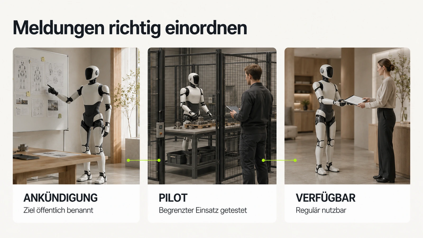Infografik: die drei Stufen Ankündigung, Pilot und verfügbar, mit denen fluxlane Roboter-Meldungen einordnet