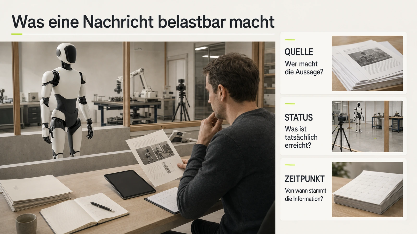 Infografik: Quelle, Status und Zeitpunkt als Prüfkriterien für belastbare Roboter-Nachrichten