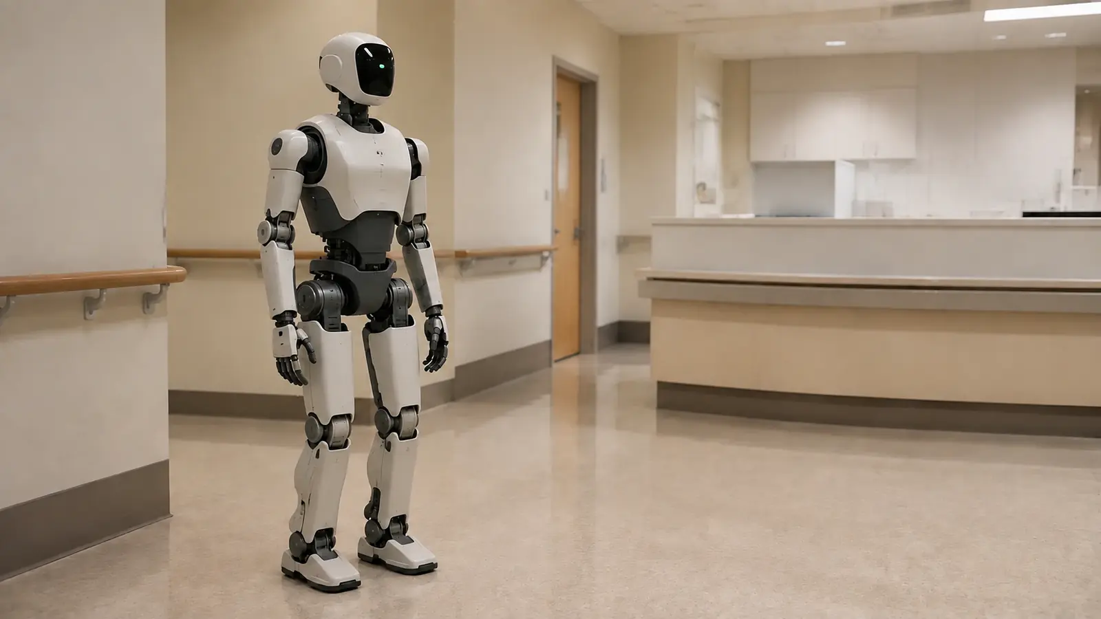 Humanoider Roboter in einer Pflege- und Klinikumgebung, realistisch und ohne Marketing-Glanz.