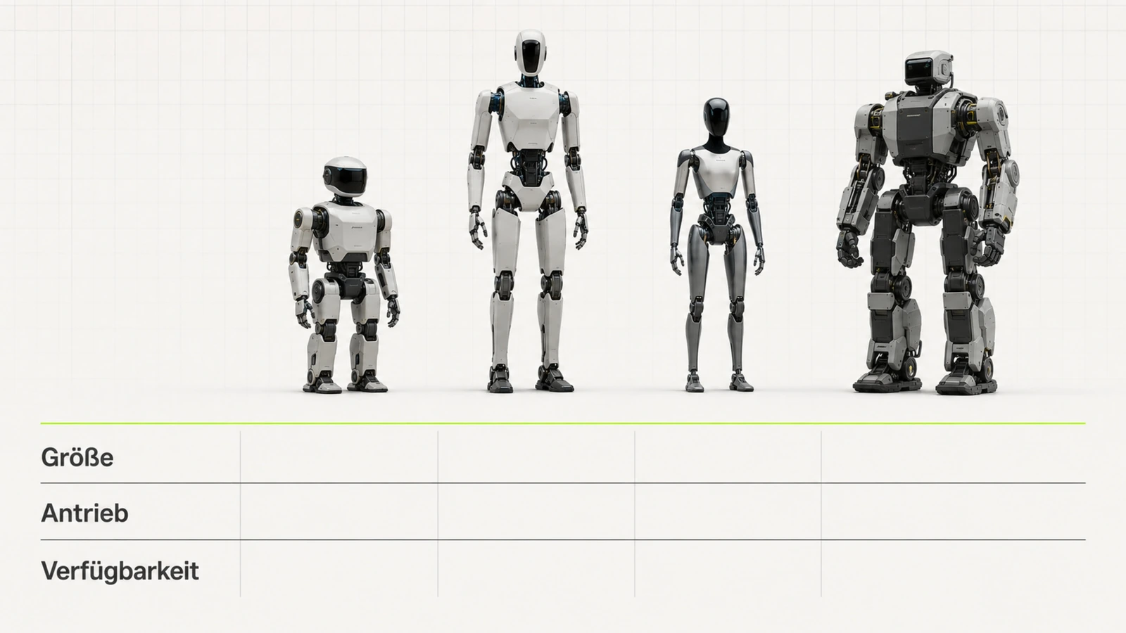 Vergleichsgrafik mehrerer Humanoide nebeneinander mit Achsen für Größe, Antrieb und Verfügbarkeit