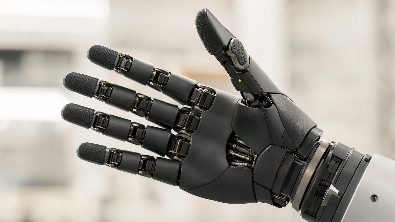 Technische Nahaufnahme einer Roboterhand mit vier Fingern und Daumen im Detailvergleich