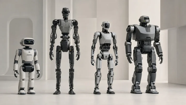 Mehrere generische Humanoide unterschiedlicher Statur stehen für den Größenvergleich in einem hellen Studio