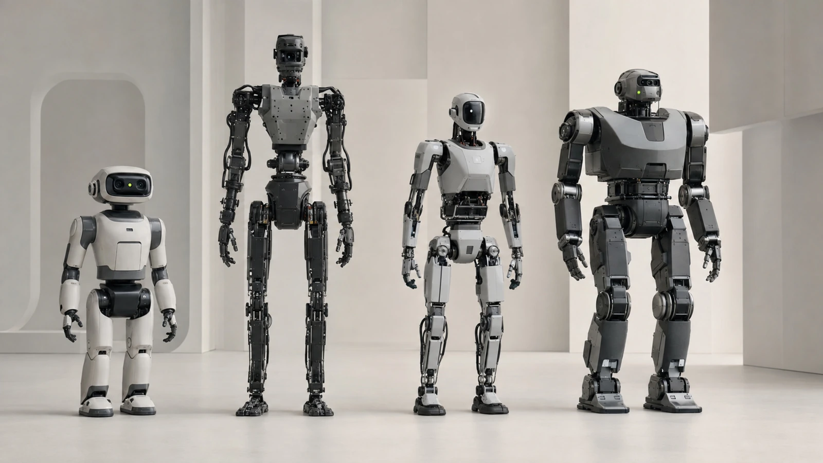 Mehrere generische Humanoide unterschiedlicher Statur stehen für den Größenvergleich in einem hellen Studio