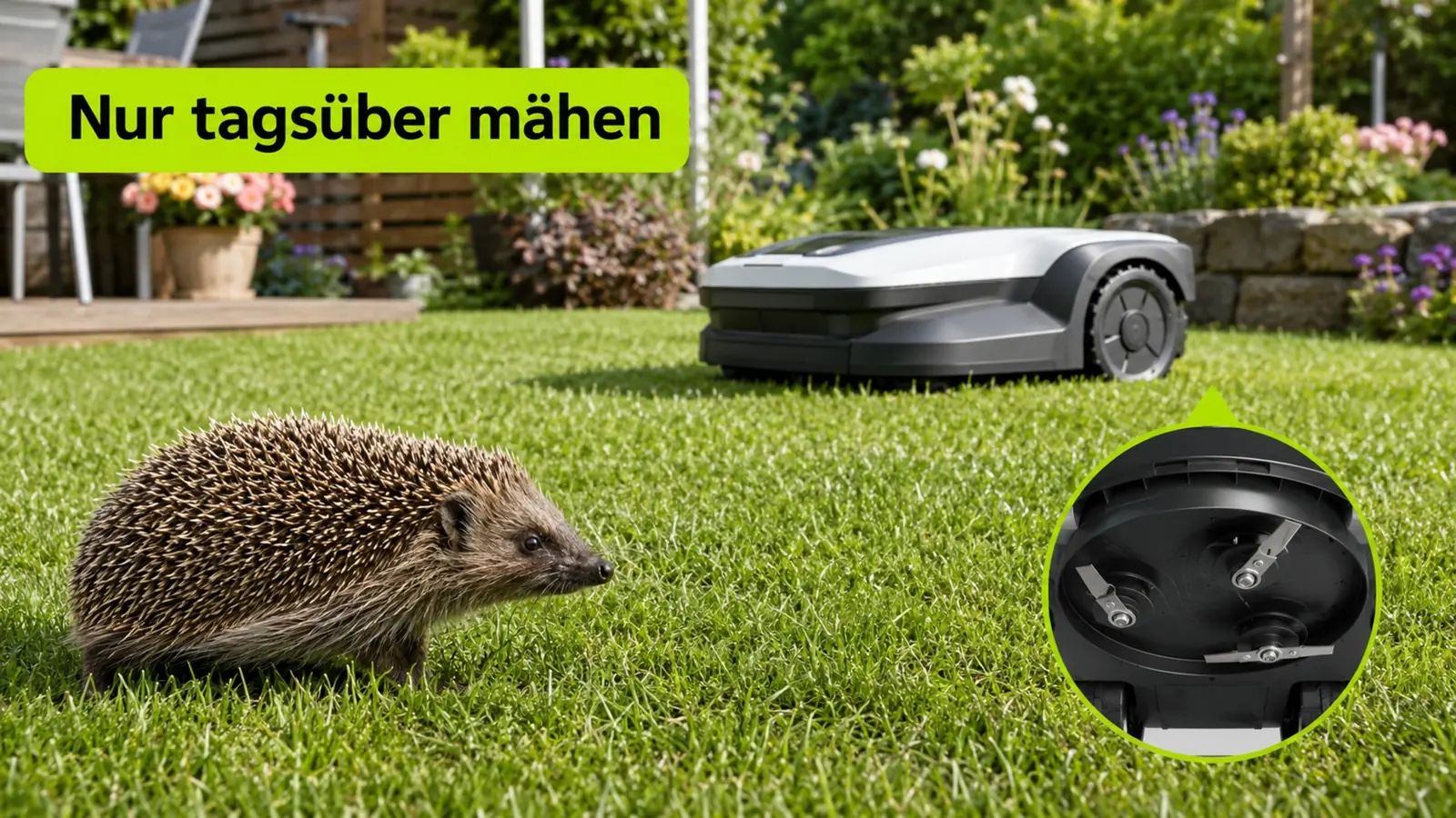 Mähroboter bei Tag mit einem Igel in sicherem Abstand, Hinweis nur tagsüber mähen
