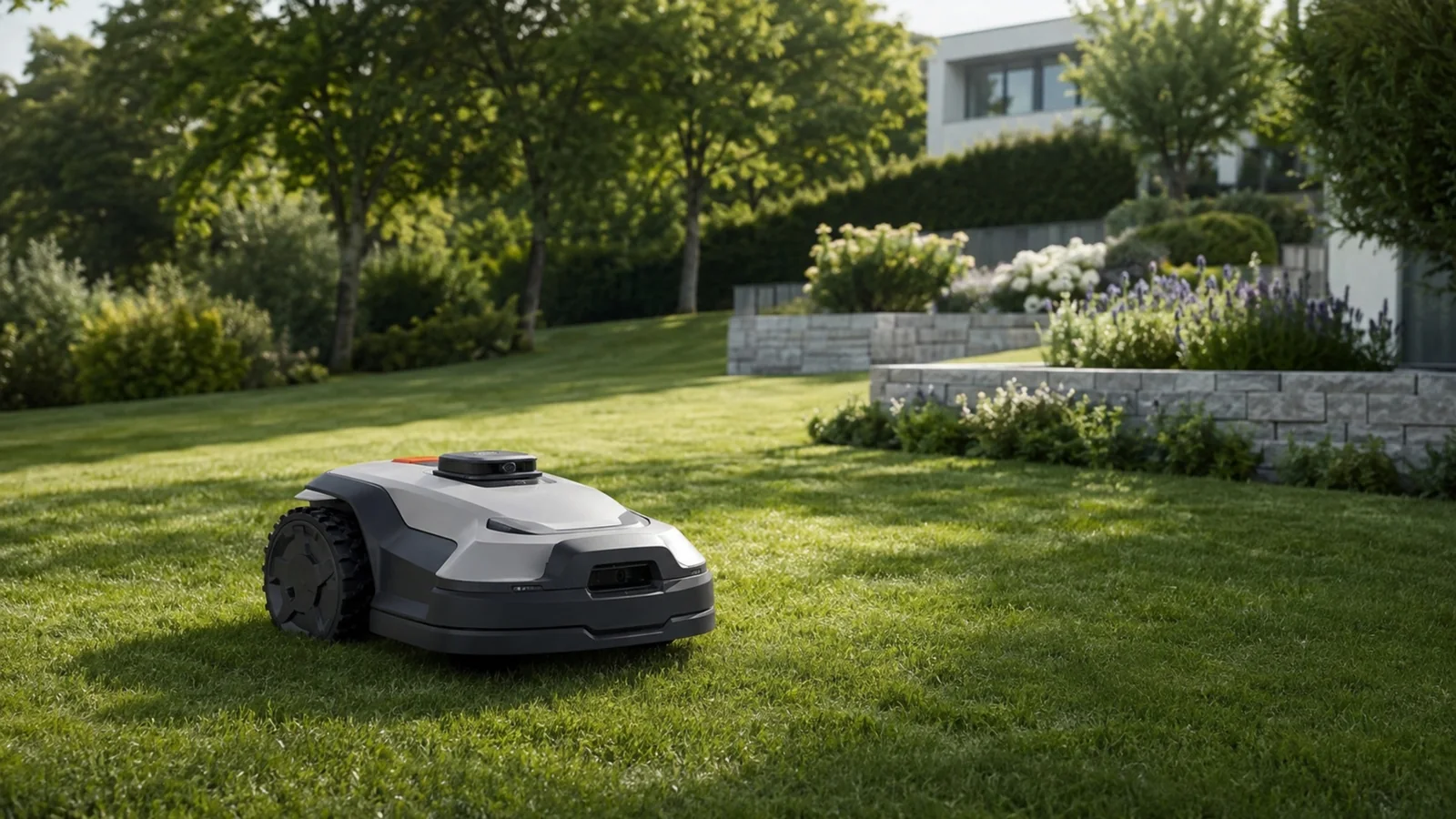 Hochwertiger Mähroboter auf großem, gepflegtem Rasen bei Tageslicht