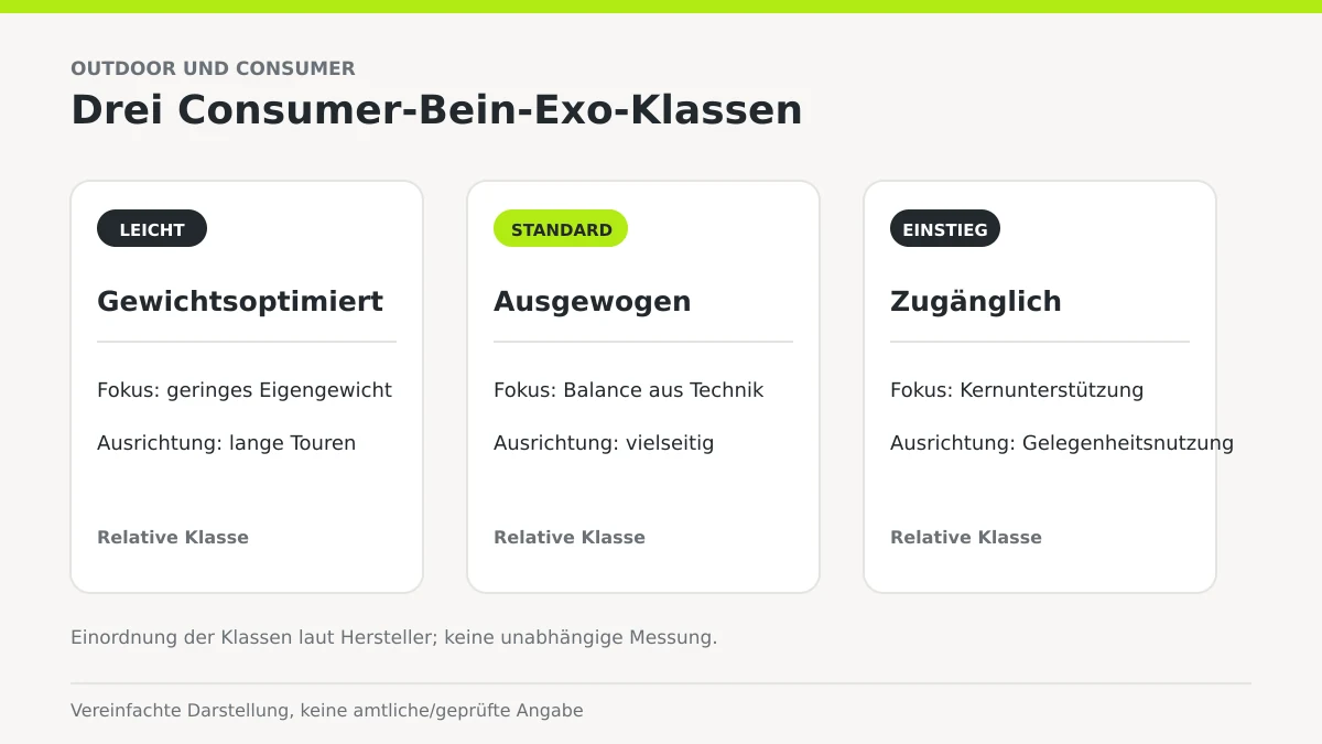 Schema mit drei Modellklassen eines Consumer-Bein-Exoskeletts nach Gewicht und Ausrichtung.