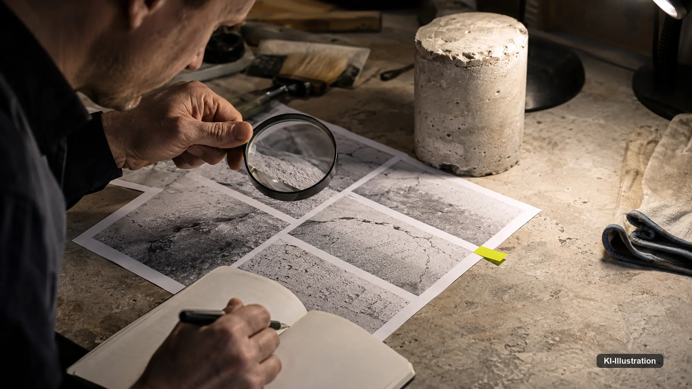 Ein Ingenieur hält eine Lupe über einen Bogen mit vier Graustufenaufnahmen von Betonoberflächen mit Rissen und notiert dabei handschriftlich; daneben liegen ein Betonbohrkern und Werkzeug.