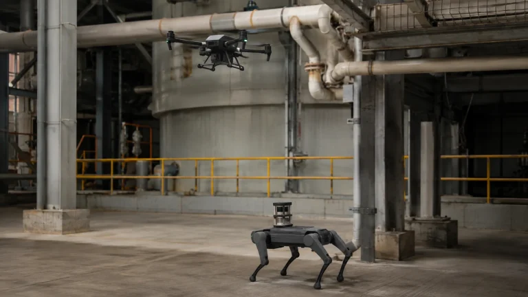 In einer Industrieszene inspiziert eine Drohne von oben, ein vierbeiniger Bodenroboter am Boden.