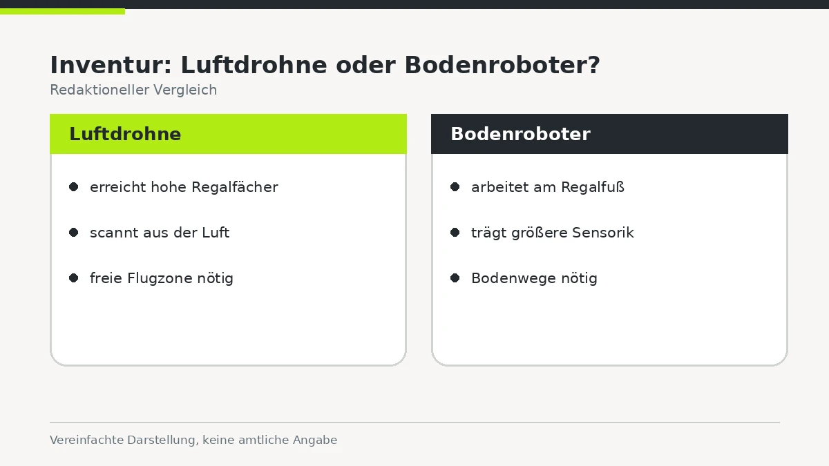 Gegenüberstellung Luftdrohne oben und Bodenroboter am Regalfuß mit Kurzmerkmalen.