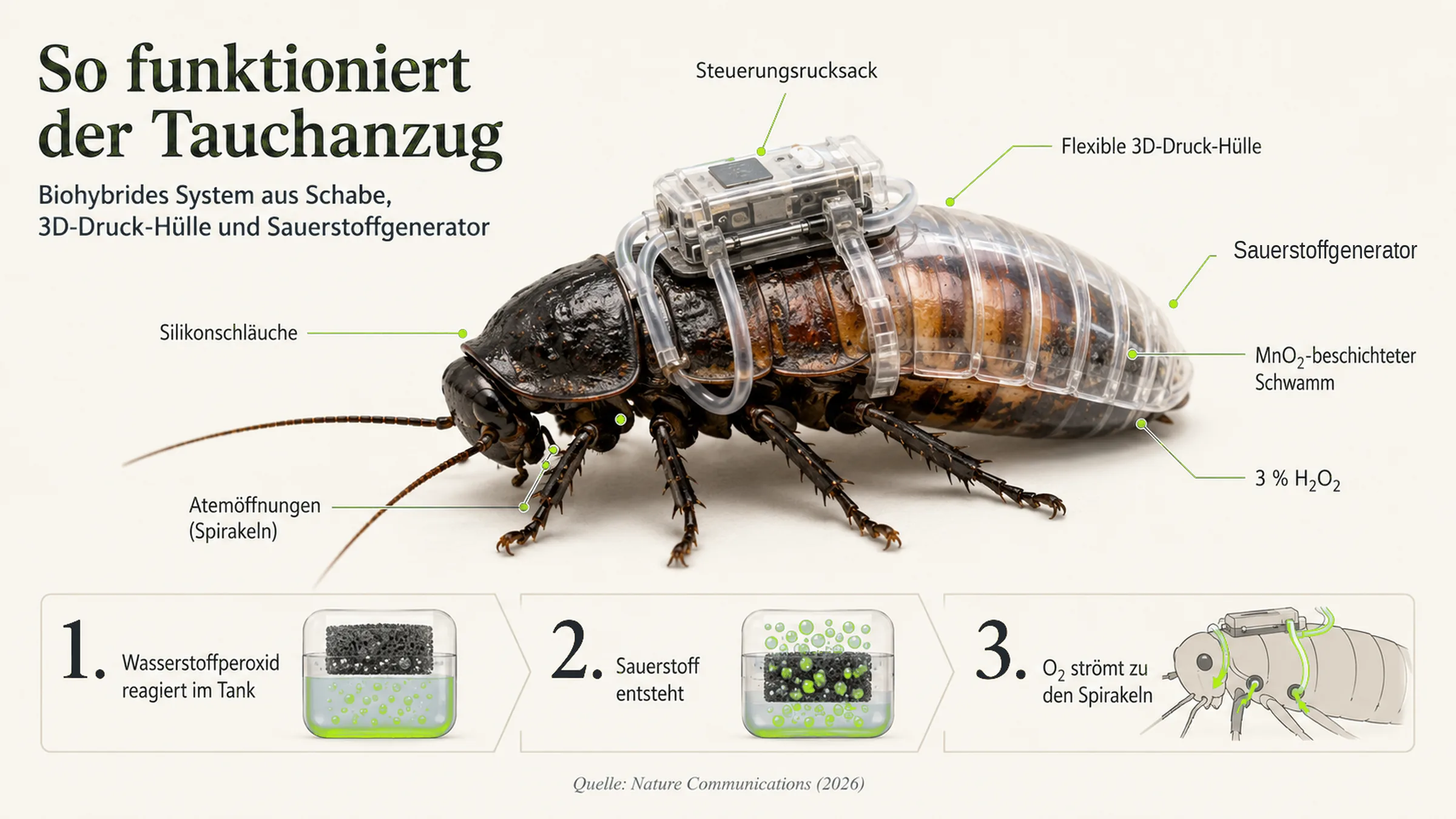 Beschriftete Grafik einer Fauchschabe mit aufgesetztem Modul: Steuerungsrucksack, flexible 3D-Druck-Hülle, Sauerstoffgenerator mit manganbeschichtetem Schwamm und dreiprozentigem Wasserstoffperoxid, Silikonschläuche zu den Atemöffnungen. Darunter drei Schritte von der Reaktion im Behälter bis zum Sauerstoffstrom.