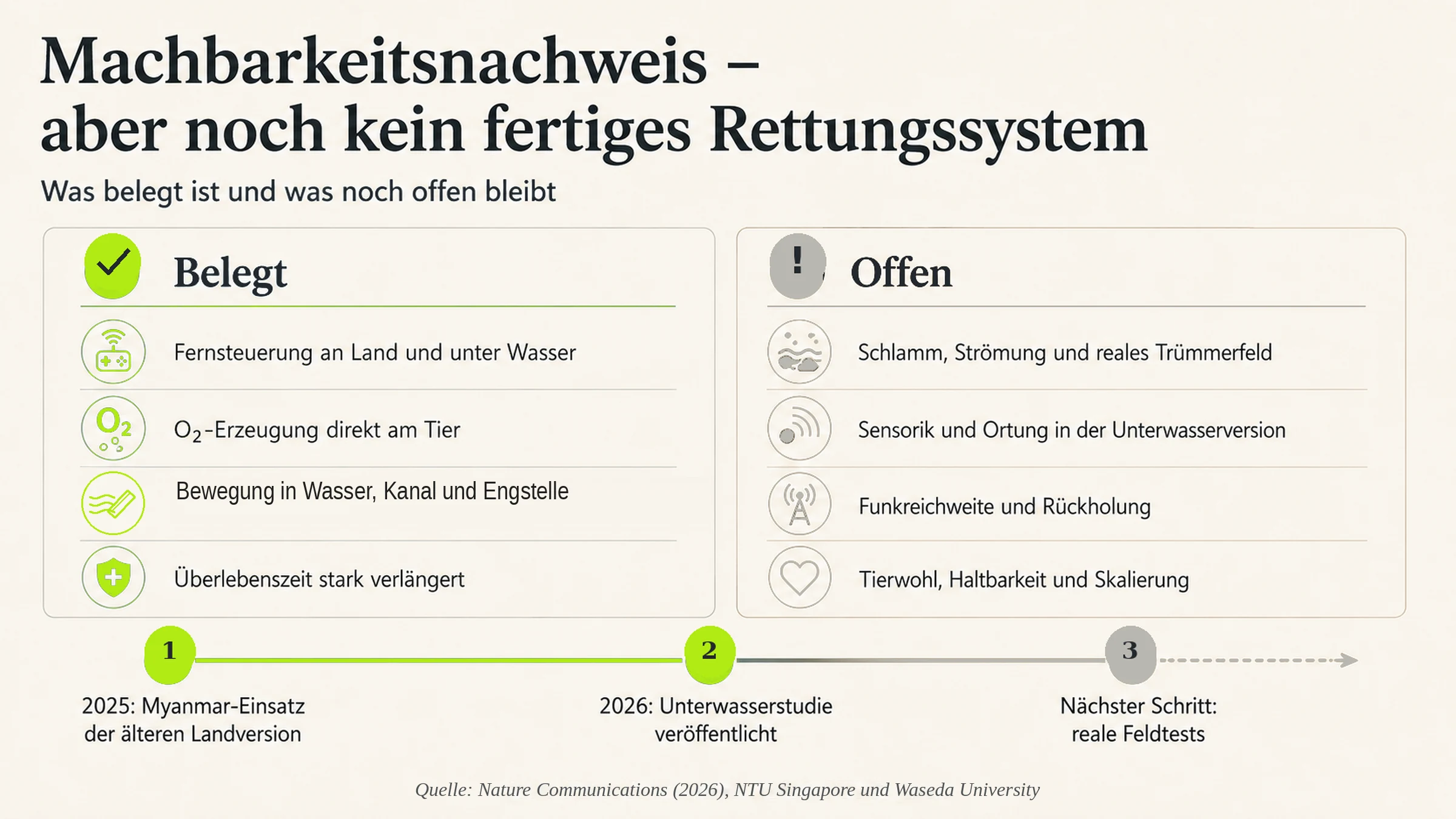 Zweispaltige Grafik. Links belegt: Fernsteuerung an Land und unter Wasser, Sauerstofferzeugung am Tier, Bewegung in Wasser, Kanal und Engstelle, verlängerte Überlebenszeit. Rechts offen: Schlamm, Strömung und reales Trümmerfeld, Sensorik und Ortung, Funkreichweite und Rückholung, Tierwohl und Skalierung. Darunter eine Zeitleiste von 2025 bis zu den nächsten Feldtests.