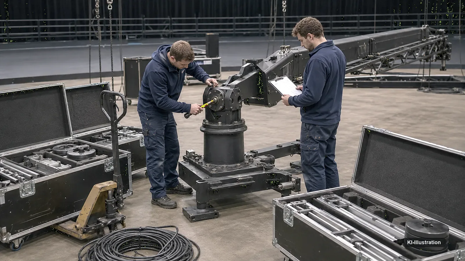 Zwei Techniker an einem teilzerlegten Kranarm-Sockel im leeren Studio, einer setzt einen Drehmomentschlüssel an, der andere hält ein Klemmbrett, ringsum offene Flightcases